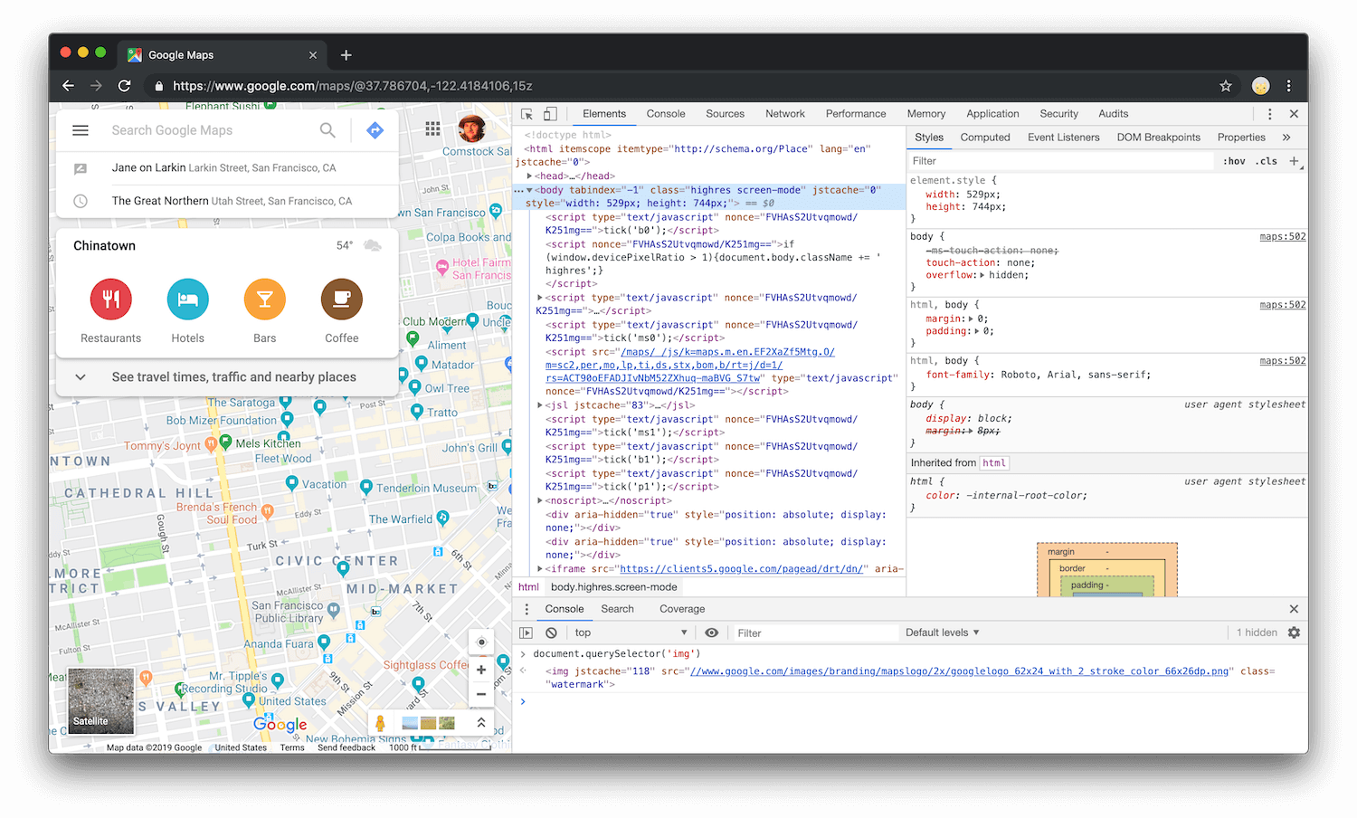 Inspecting Google Maps with DevTools.